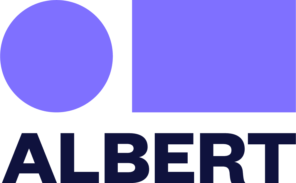 ALBERT logo with purple circular and square shapes above bold black text