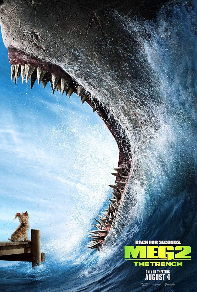 Giant shark with open jaws emerging from water near a pier with a small dog.