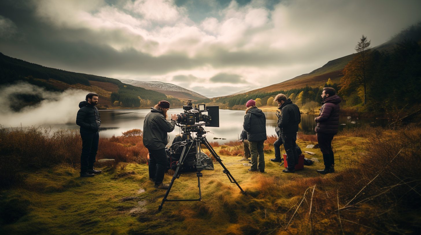 Film crew with camera and sound equipment preparing to shoot by a lake in the Scottish Highlands
