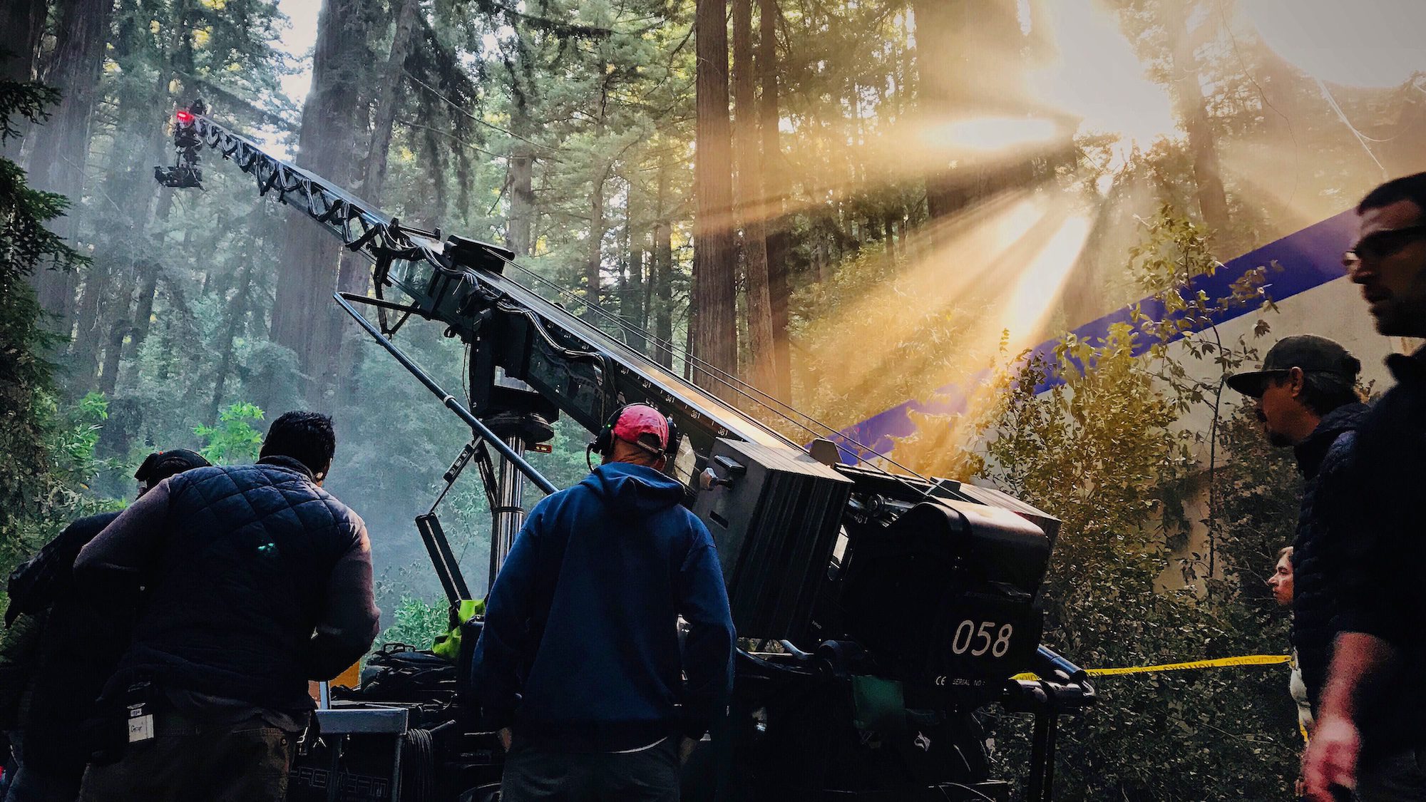 Film crew operating camera crane in forest with sunlight filtering through trees
