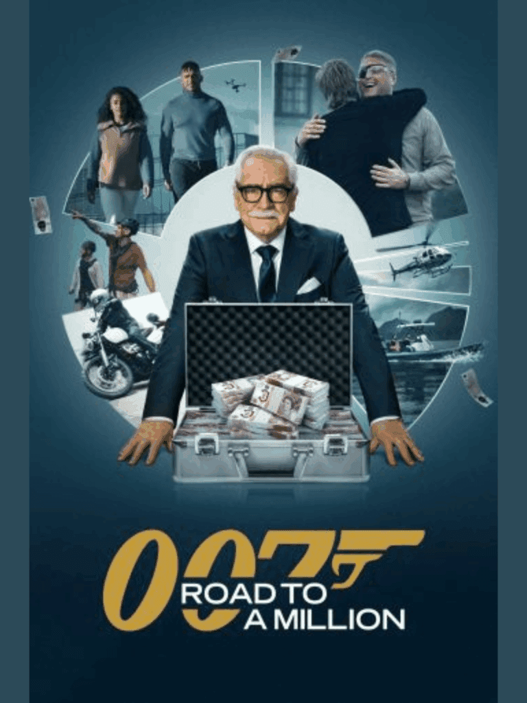 Older man in suit with briefcase full of money and scenes of action and celebration behind him