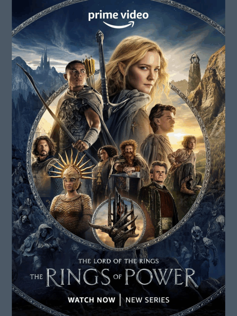 Poster featuring characters from The Lord of the Rings: The Rings of Power with fantasy landscape and Prime Video logo