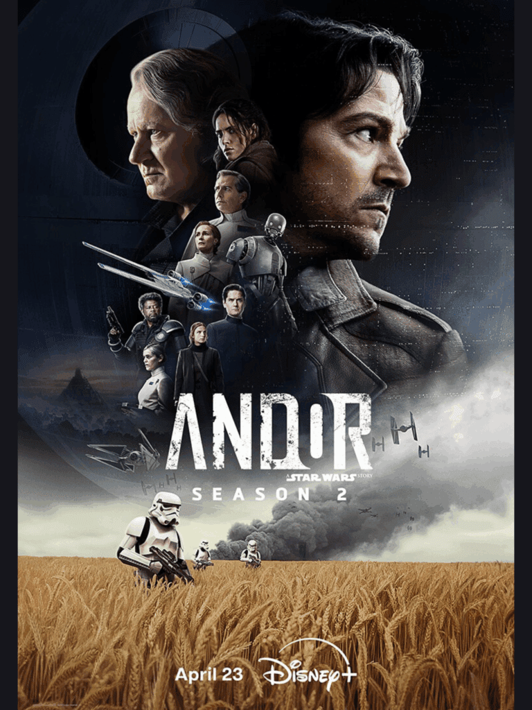 Andor Season 2 poster featuring main characters, starships, and stormtroopers in a wheat field with smoke in the background