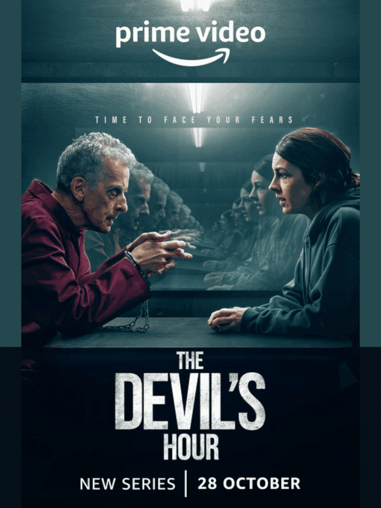 Two people facing each other across a table with multiple reflections in a dark room, promoting The Devil's Hour series