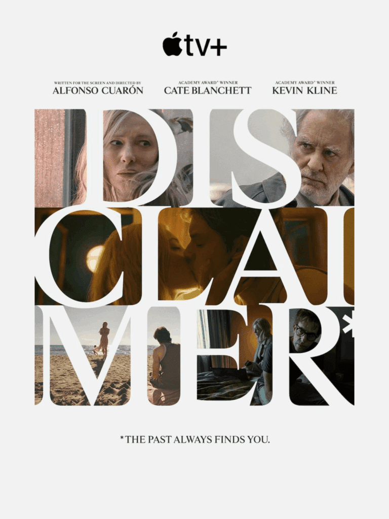 Apple TV+ poster for Disclaimer featuring actors Cate Blanchett and Kevin Kline with scenes from the film.