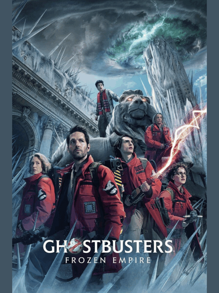 Ghostbusters team in red jackets with proton packs in icy city with frozen lion statue and stormy sky.