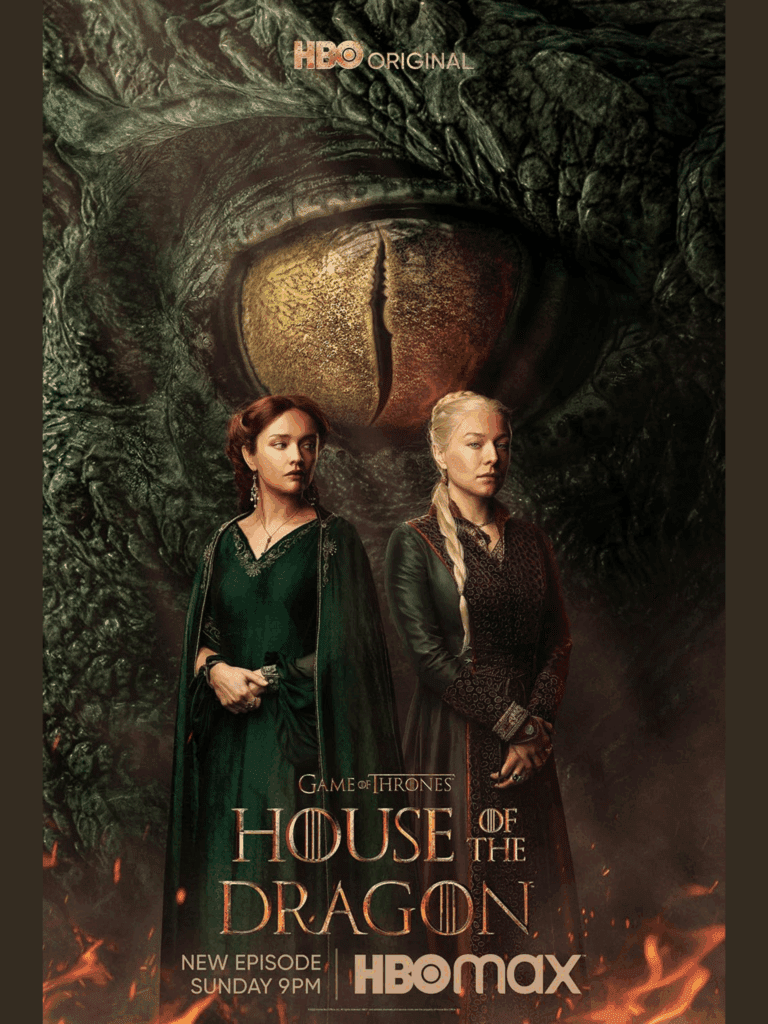 House of the Dragon poster showing two women in medieval dress standing before a large dragon eye.