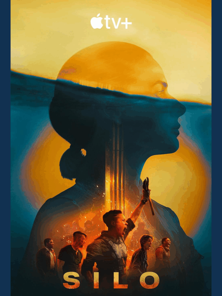 Poster for Apple TV+ series Silo showing a side profile of a woman partially submerged in water with characters below.