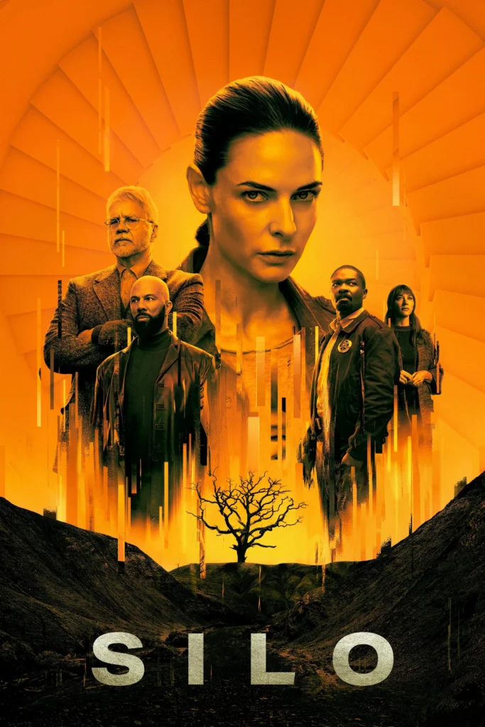 Poster for Silo Season 1 featuring five characters above a barren tree on an orange background.