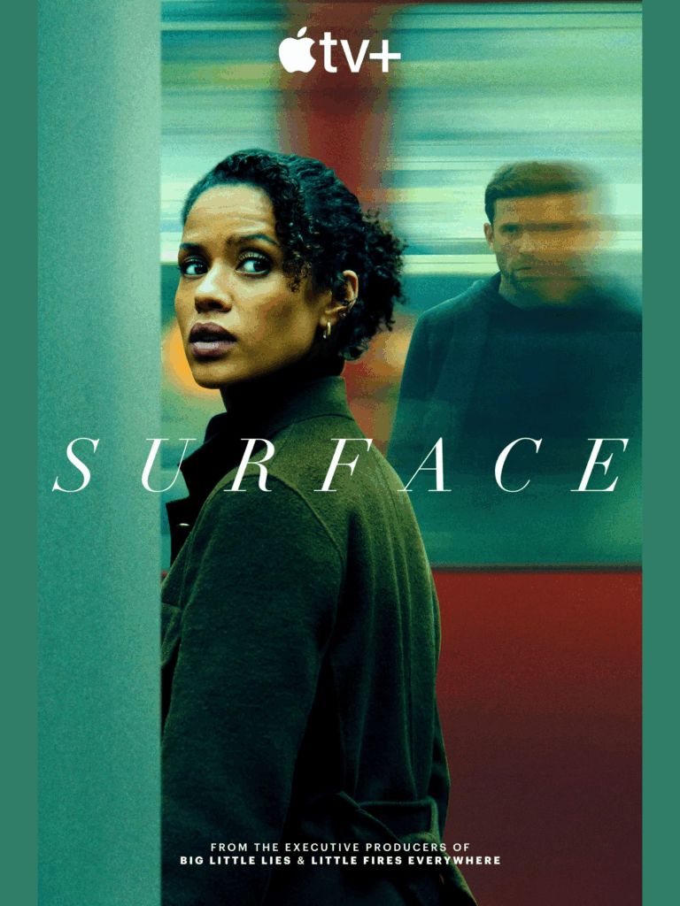 Woman looking over her shoulder with a blurred man in the background on Surface poster.