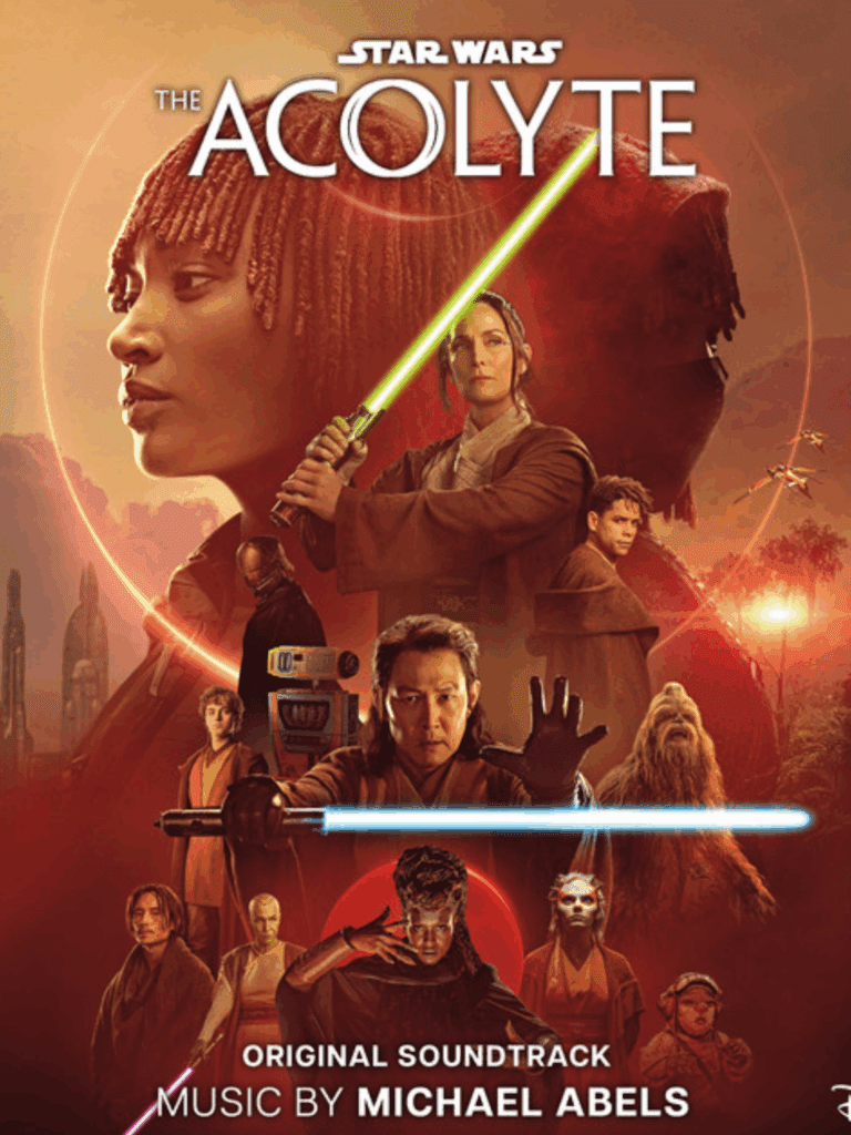 Star Wars The Acolyte poster with characters holding lightsabers against a sunset sci-fi background