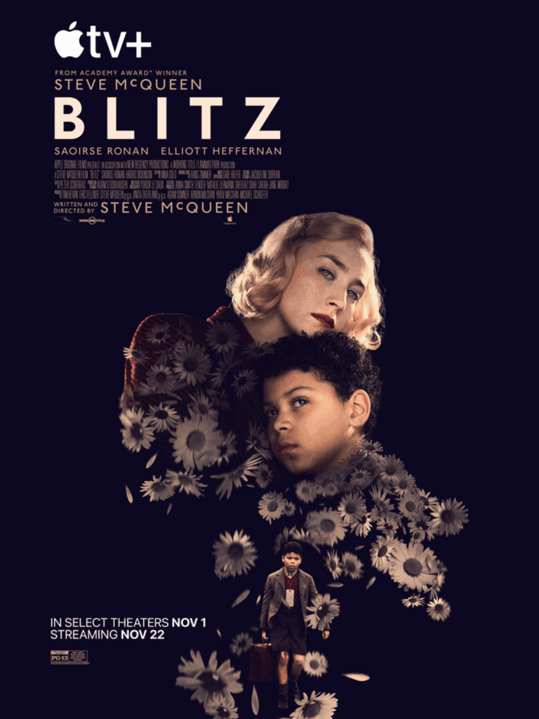 Blitz film poster showing Saoirse Ronan and a young boy surrounded by daisies on a dark background.
