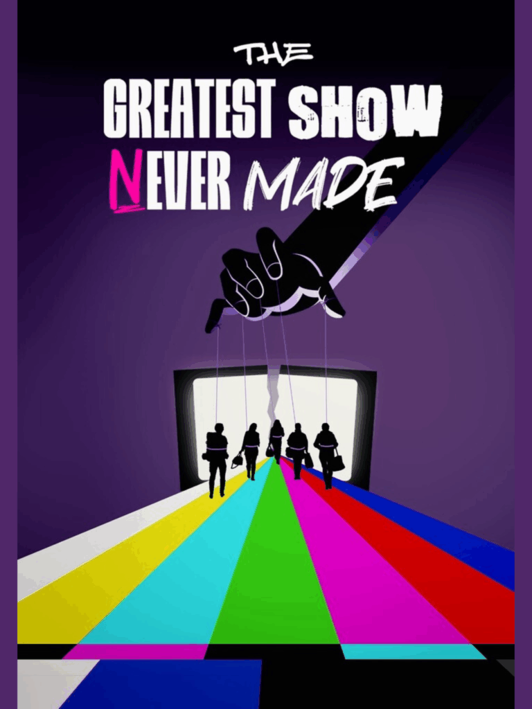 Black hand controlling five silhouetted figures with strings walking on colorful beams into a bright screen.