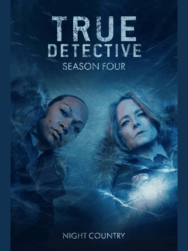 Two detectives in winter coats looking down with a cold blue icy background for True Detective Season 4 Night Country