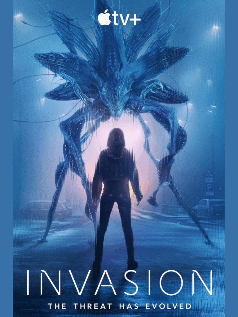 Silhouette of a person standing before a large alien creature on a foggy urban street at night.