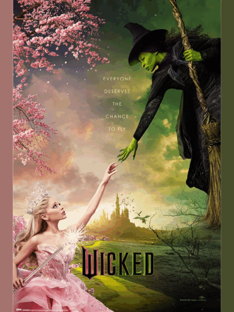 Wicked poster with a green witch on a broomstick reaching toward a princess in a pink dress holding a wand, with a castle in the background.