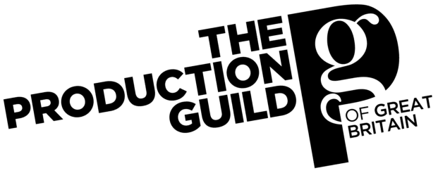 Black and white logo of The Production Guild of Great Britain with stylized text
